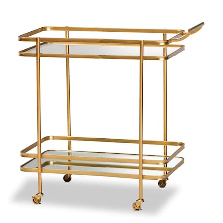 Destin Modern Glam Brushed Gold Finished Metal And Mirrored Glass 2-Tier Mobile Wine Bar Cart
